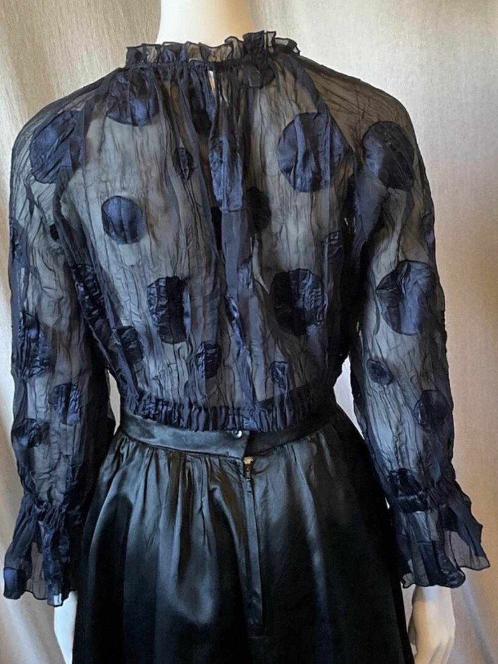 Zara Sheer Navy Polka-Dot Ruffle-Neck Blouse